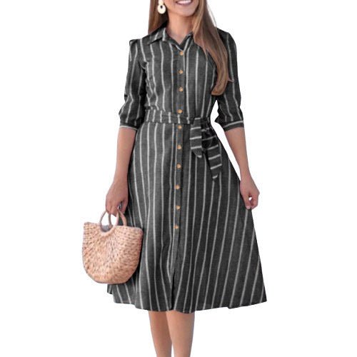 Women's Summer Plus Size Cotton Polyester Blended Striped Dress - PratSN