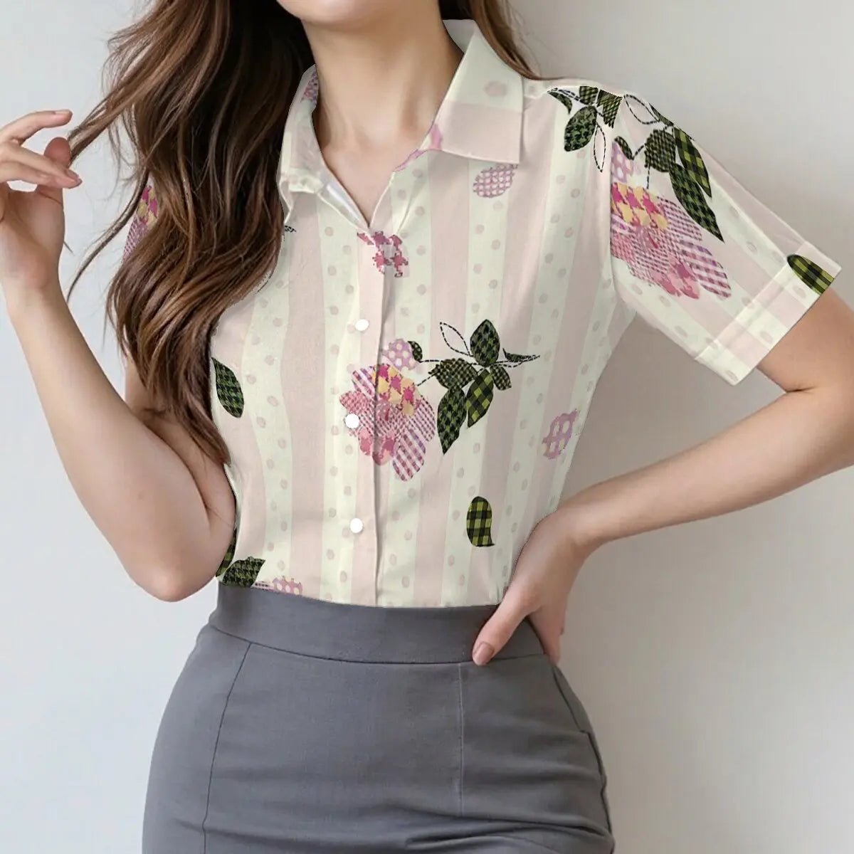 Women's summer short - sleeve shirt with striped floral pattern, sweet color matching, fresh and simple,suitable for daily commute - PratSN
