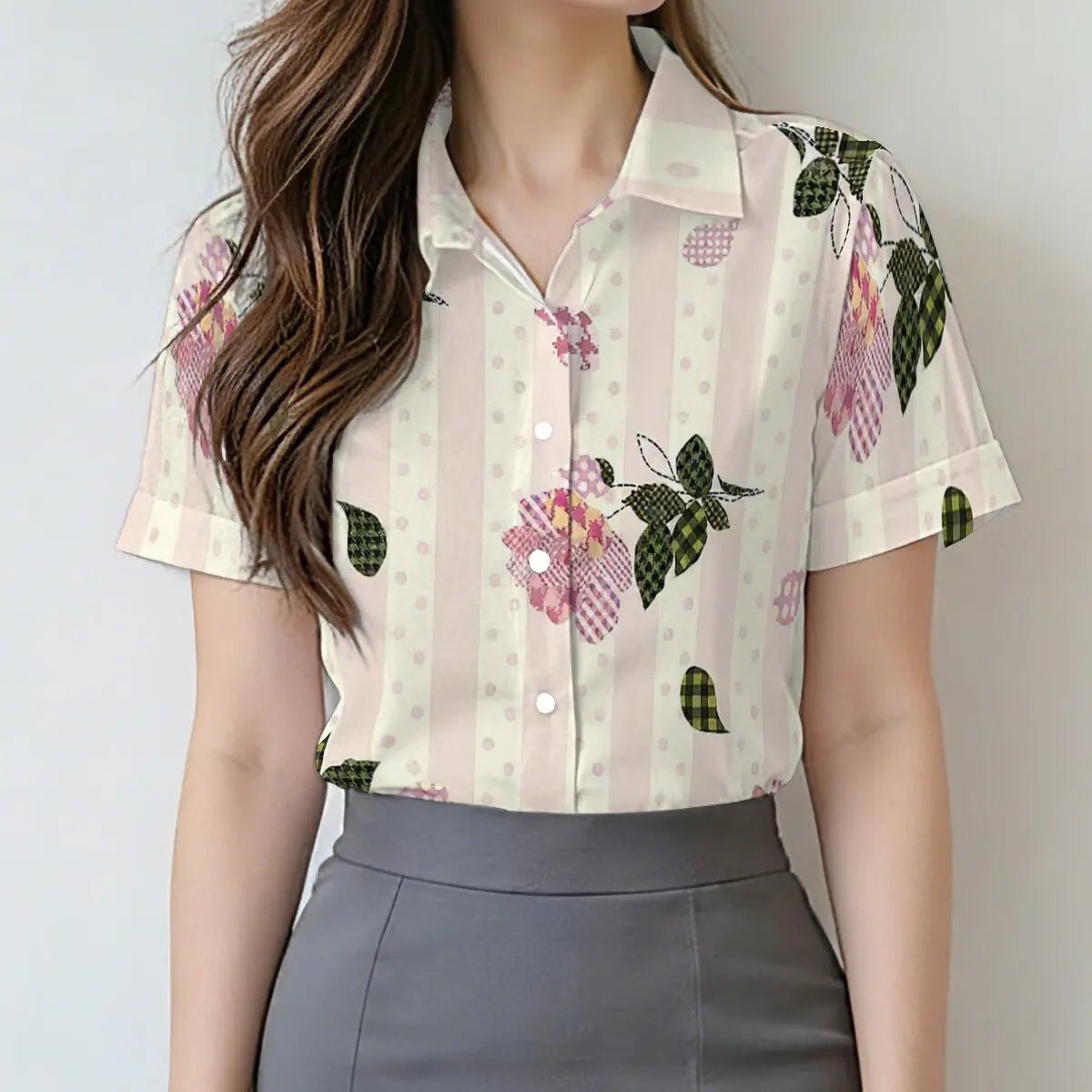 Women's summer short - sleeve shirt with striped floral pattern, sweet color matching, fresh and simple,suitable for daily commute - PratSN