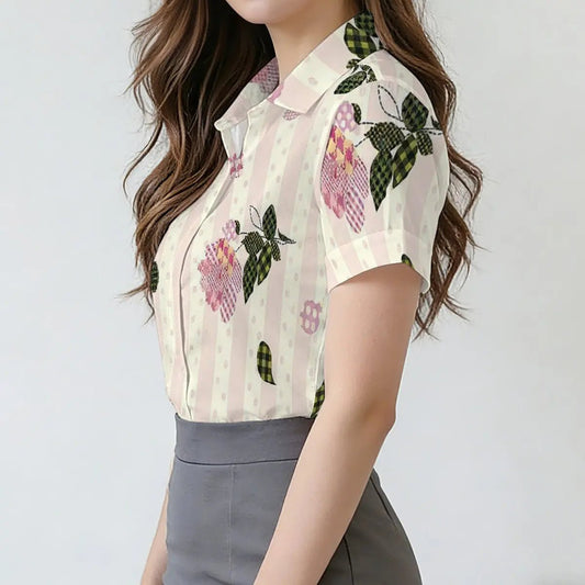 Women's summer short - sleeve shirt with striped floral pattern, sweet color matching, fresh and simple,suitable for daily commute - PratSN