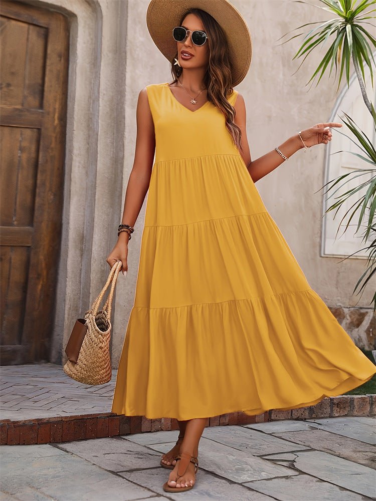 Women's Summer Solid Color And V - neck Layered Stitching Loose Dress - PratSN