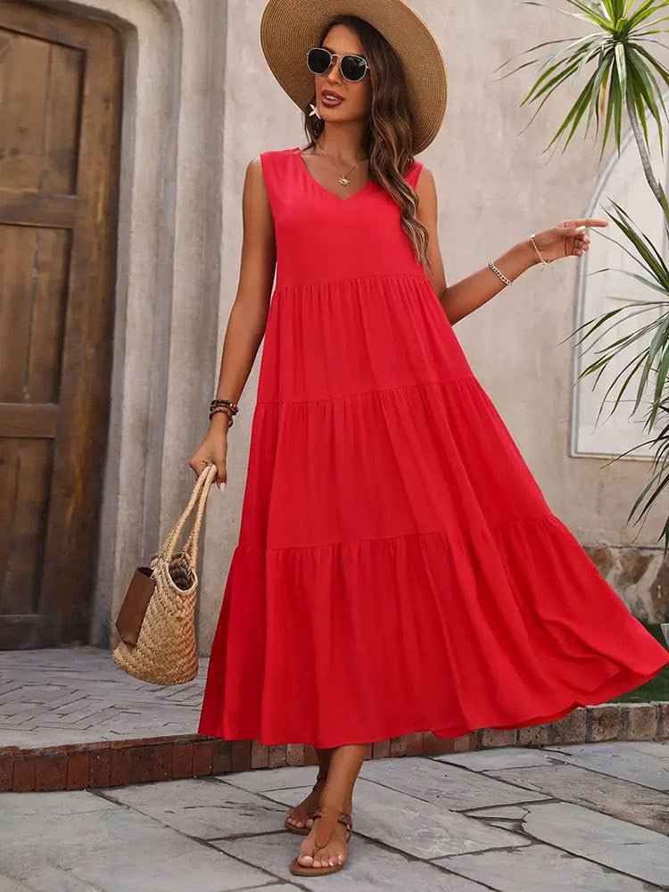 Women's Summer Solid Color And V - neck Layered Stitching Loose Dress - PratSN