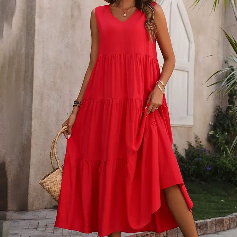 Women's Summer Solid Color And V - neck Layered Stitching Loose Dress - PratSN