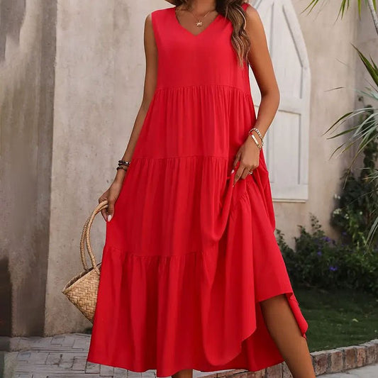 Women's Summer Solid Color And V - neck Layered Stitching Loose Dress - PratSN