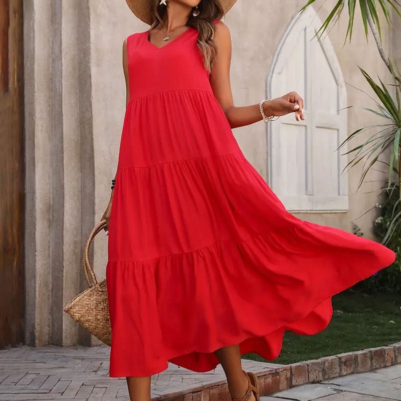 Women's Summer Solid Color And V - neck Layered Stitching Loose Dress - PratSN