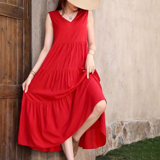 Women's Summer Solid Color And V - neck Layered Stitching Loose Dress - PratSN