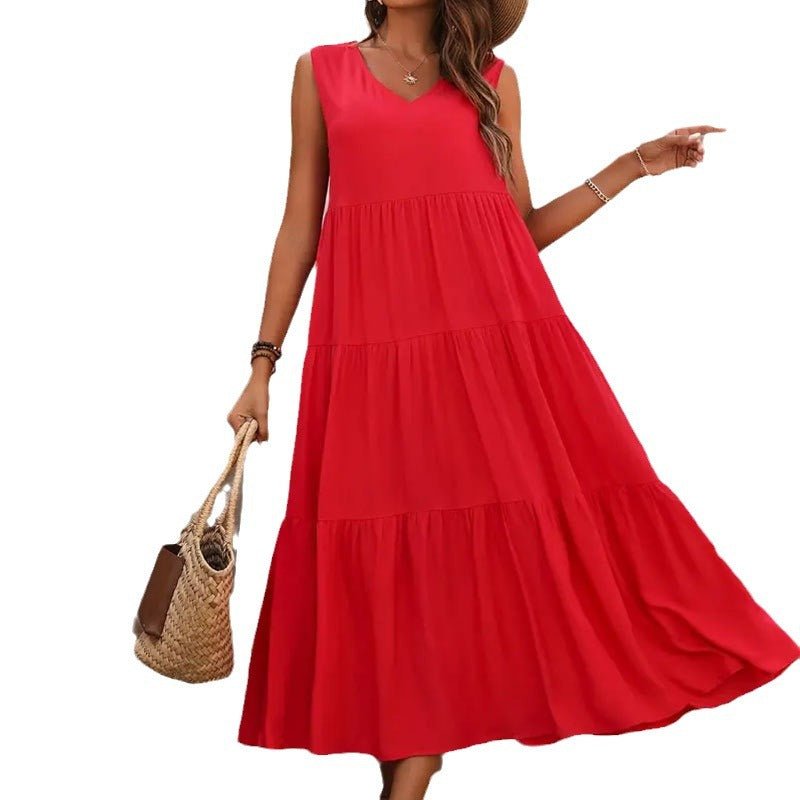 Women's Summer Solid Color And V - neck Layered Stitching Loose Dress - PratSN