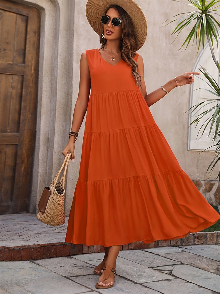 Women's Summer Solid Color And V - neck Layered Stitching Loose Dress - PratSN