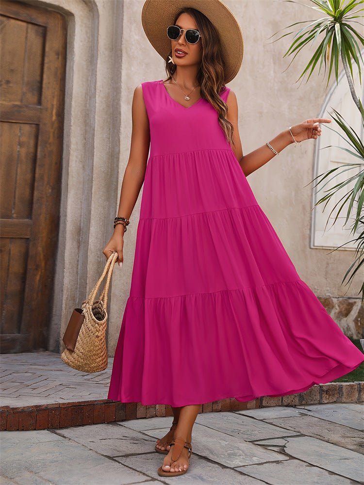 Women's Summer Solid Color And V - neck Layered Stitching Loose Dress - PratSN