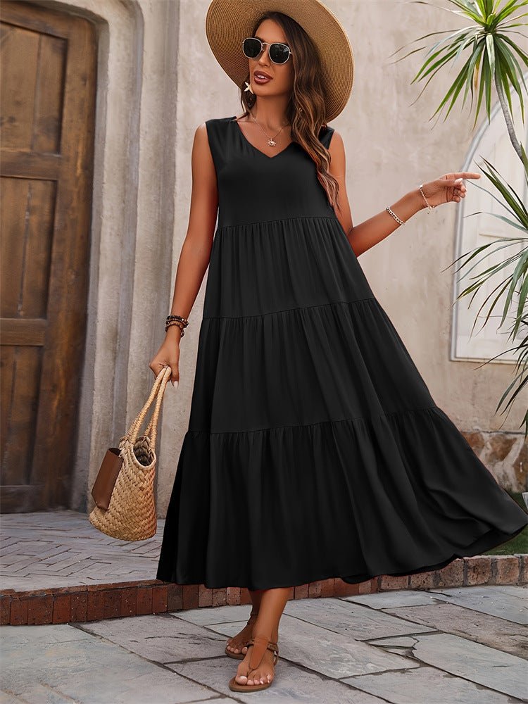 Women's Summer Solid Color And V - neck Layered Stitching Loose Dress - PratSN