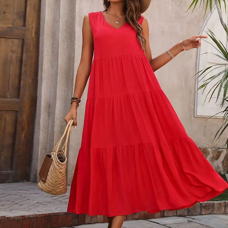 Women's Summer Solid Color And V - neck Layered Stitching Loose Dress - PratSN