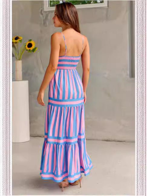 Women's Summer Striped Printed Suspender Long Dress With Pockets Square Neck Backless Dresses - PratSN