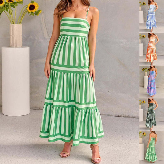 Women's Summer Striped Printed Suspender Long Dress With Pockets Square Neck Backless Dresses - PratSN