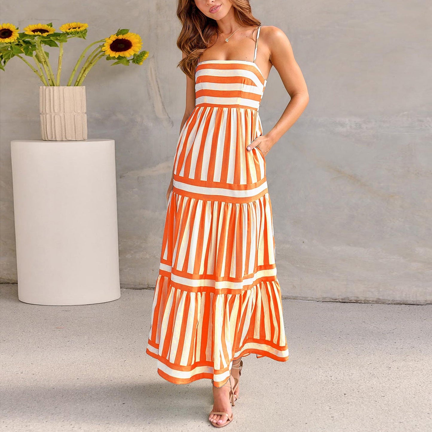 Women's Summer Striped Printed Suspender Long Dress With Pockets Square Neck Backless Dresses - PratSN