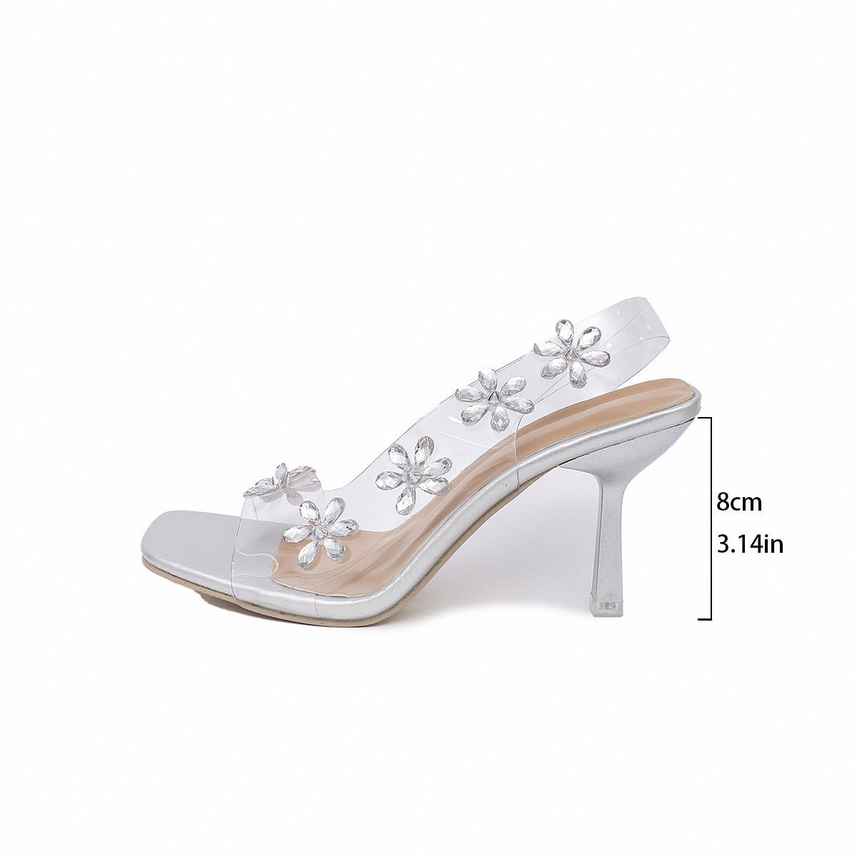 Women's Summer Transparent PVC Rhinestone Flowers Slingback Pumps, Elegant Square Toe - PratSN