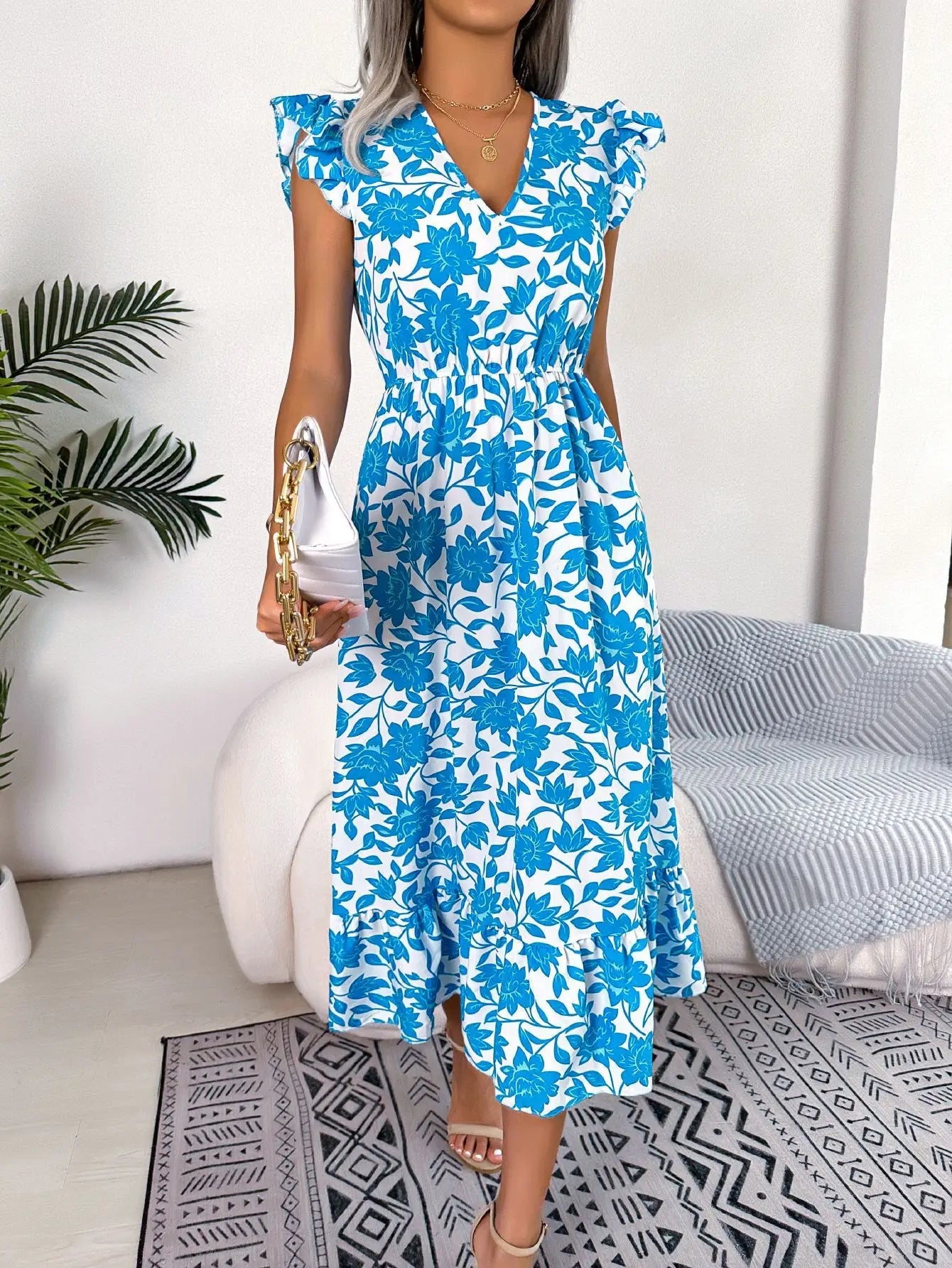 Women's Summer V - Neck Floral Print Wrap Waist Sleeveless Midi Beach Dress with Ruffles - PratSN