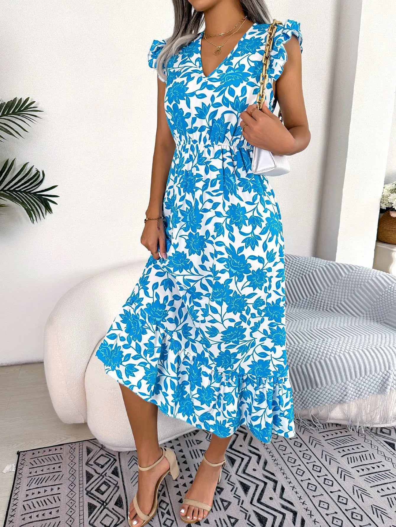 Women's Summer V - Neck Floral Print Wrap Waist Sleeveless Midi Beach Dress with Ruffles - PratSN