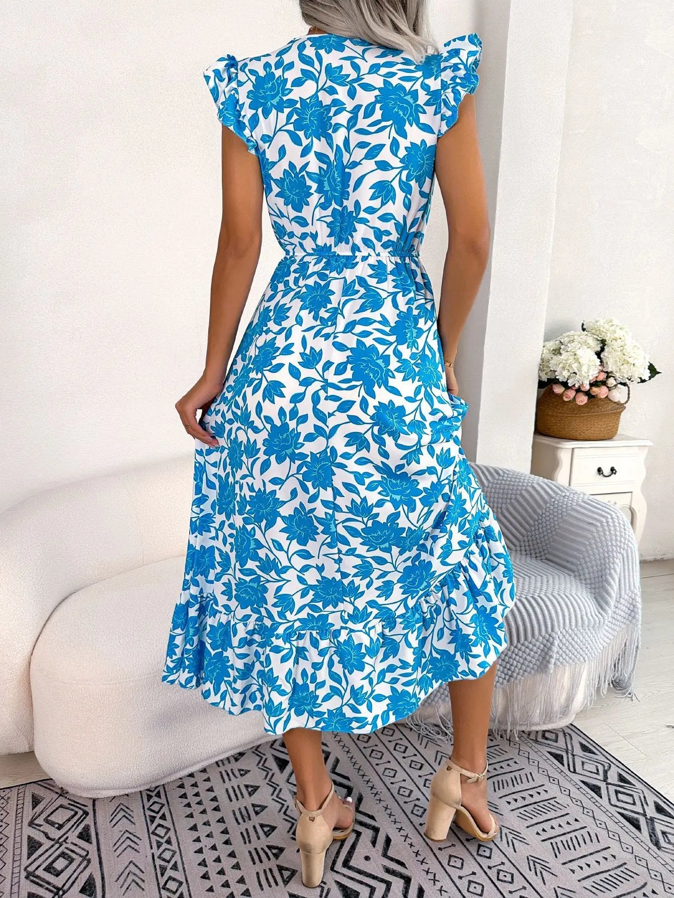 Women's Summer V - Neck Floral Print Wrap Waist Sleeveless Midi Beach Dress with Ruffles - PratSN