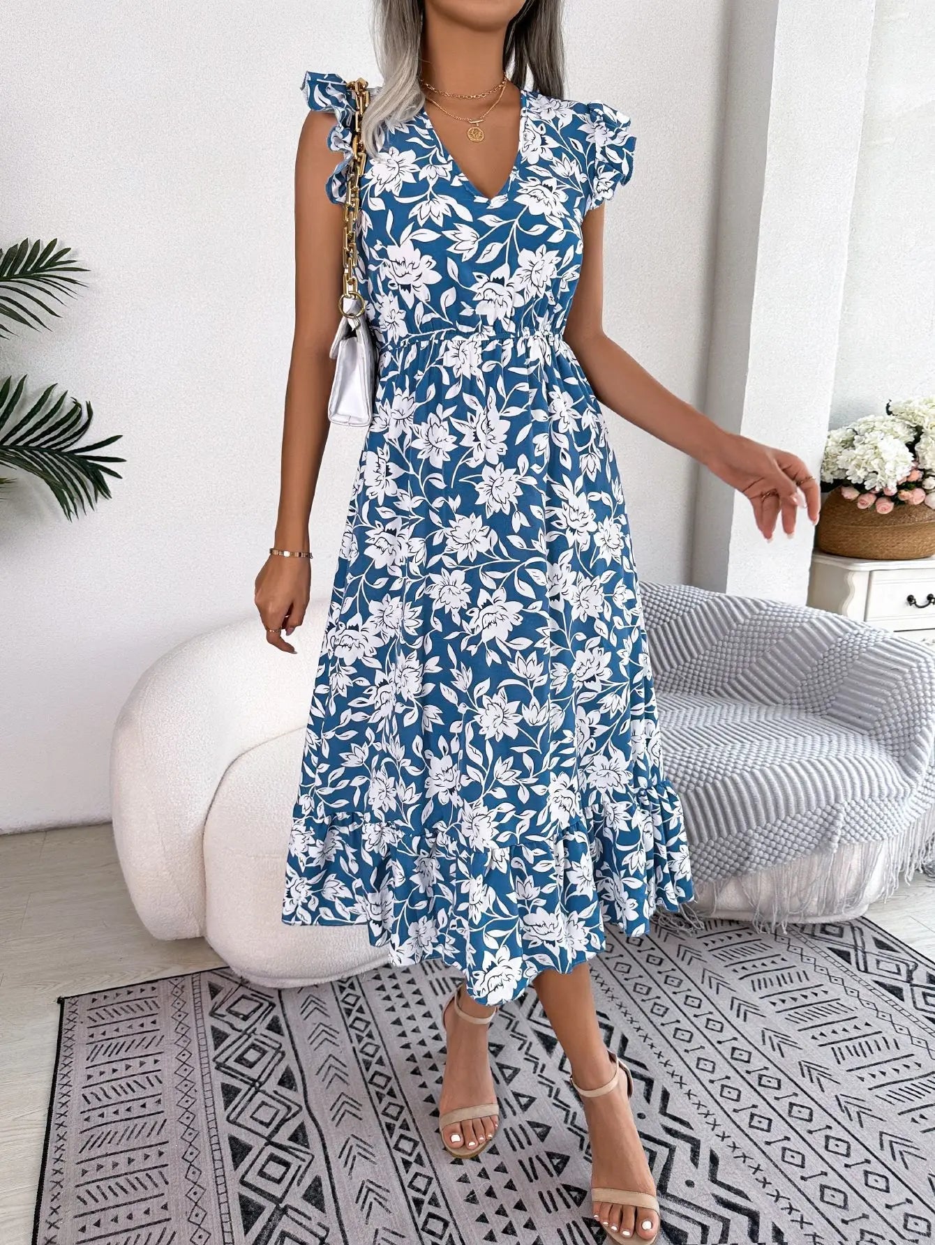 Women's Summer V - Neck Floral Print Wrap Waist Sleeveless Midi Beach Dress with Ruffles - PratSN