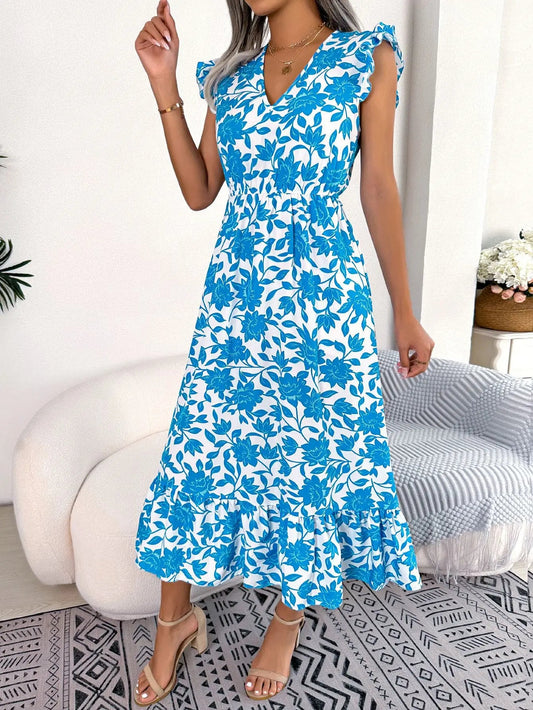 Women's Summer V - Neck Floral Print Wrap Waist Sleeveless Midi Beach Dress with Ruffles - PratSN