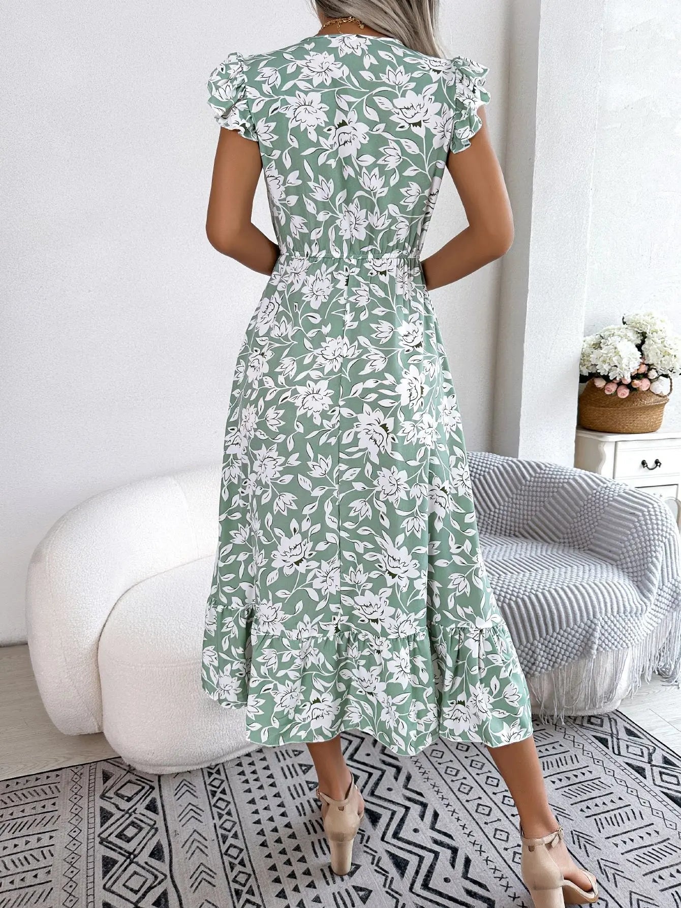 Women's Summer V - Neck Floral Print Wrap Waist Sleeveless Midi Beach Dress with Ruffles - PratSN