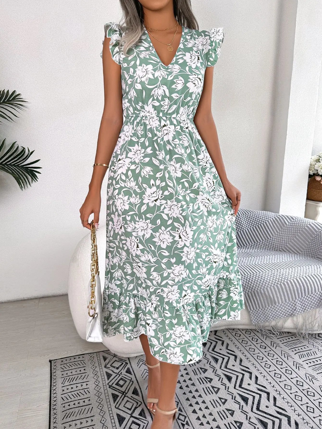 Women's Summer V - Neck Floral Print Wrap Waist Sleeveless Midi Beach Dress with Ruffles - PratSN