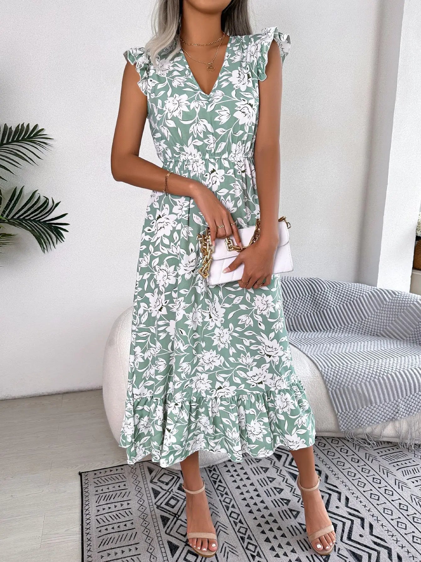 Women's Summer V - Neck Floral Print Wrap Waist Sleeveless Midi Beach Dress with Ruffles - PratSN