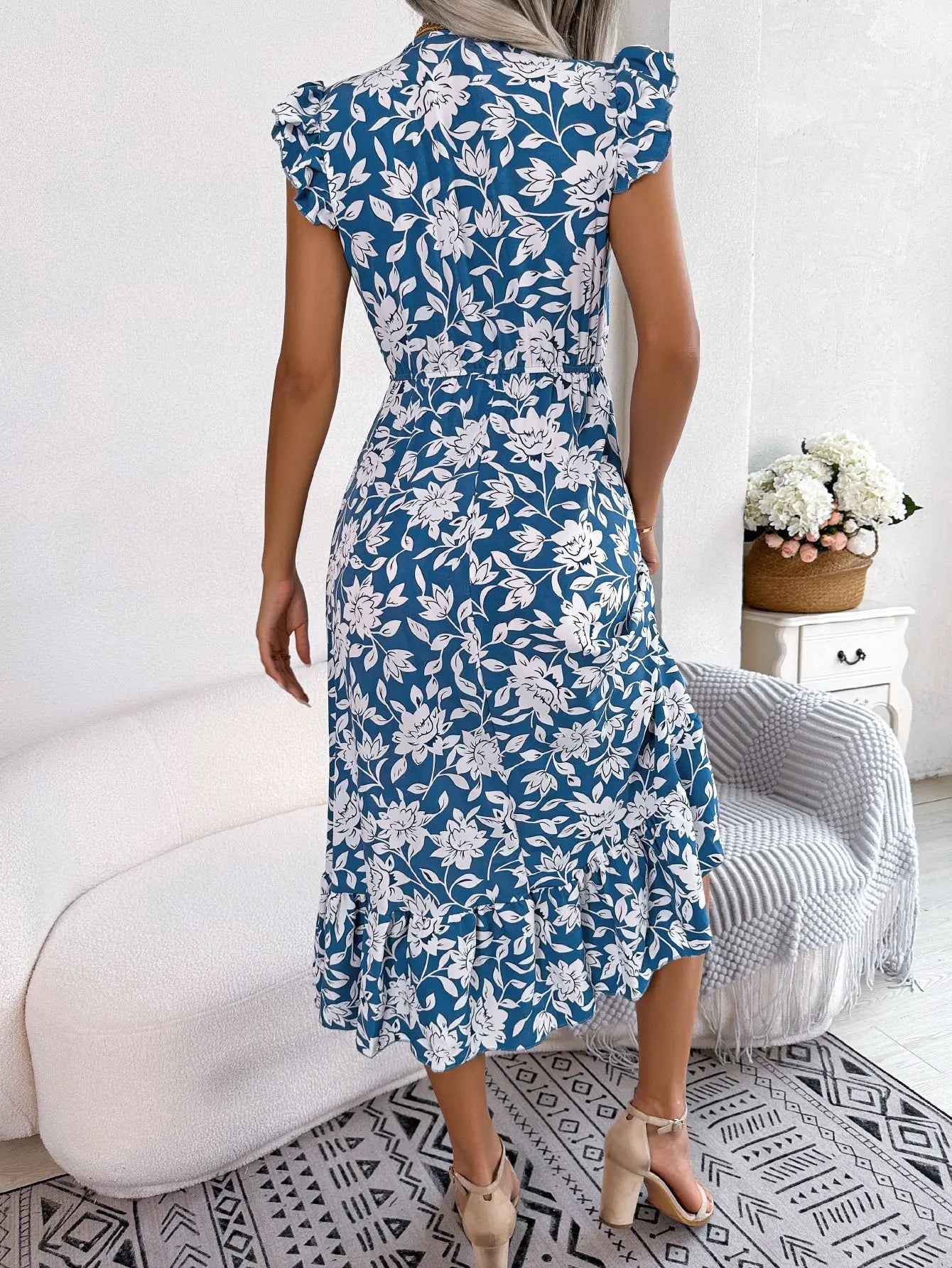 Women's Summer V - Neck Floral Print Wrap Waist Sleeveless Midi Beach Dress with Ruffles - PratSN