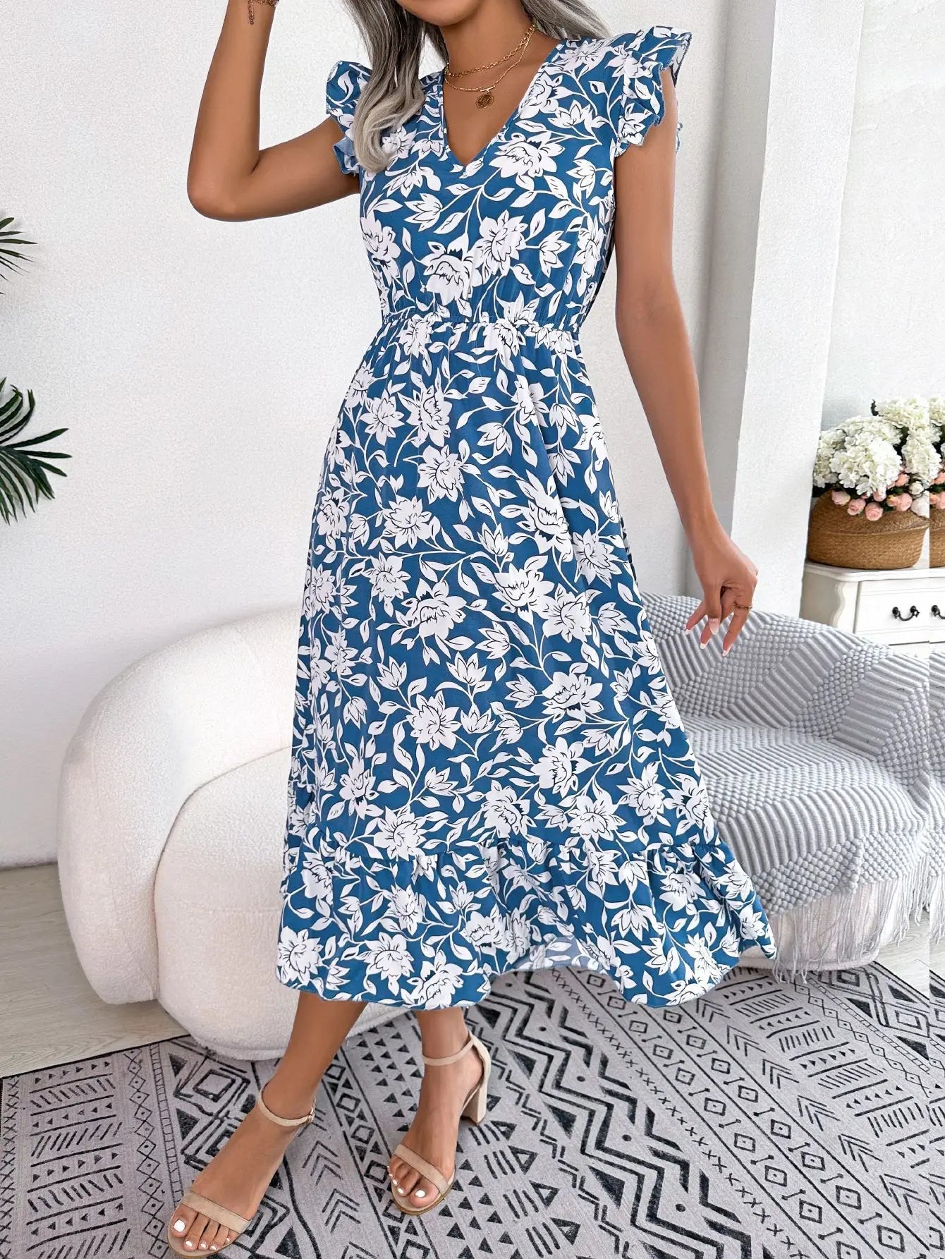 Women's Summer V - Neck Floral Print Wrap Waist Sleeveless Midi Beach Dress with Ruffles - PratSN