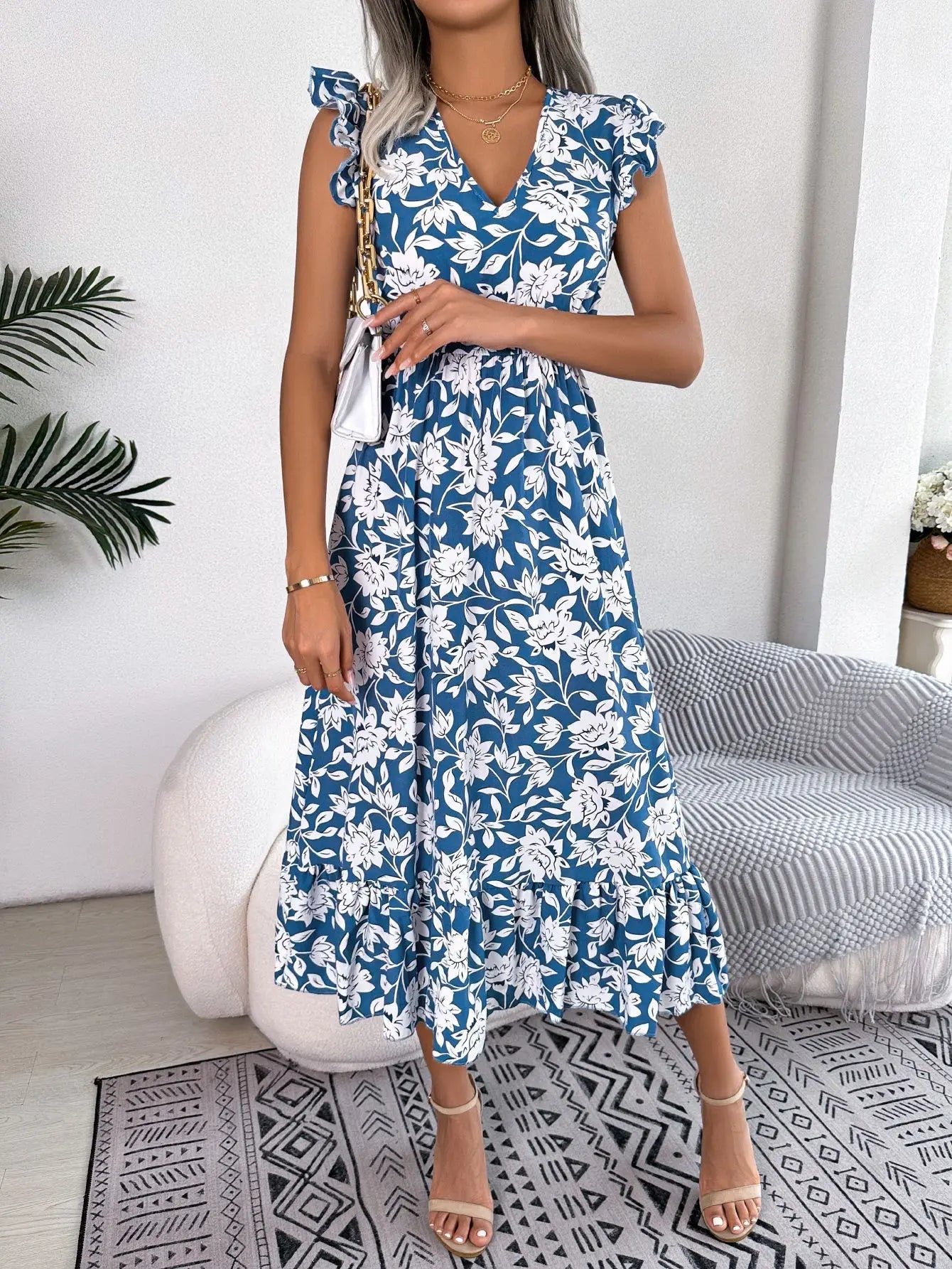 Women's Summer V - Neck Floral Print Wrap Waist Sleeveless Midi Beach Dress with Ruffles - PratSN