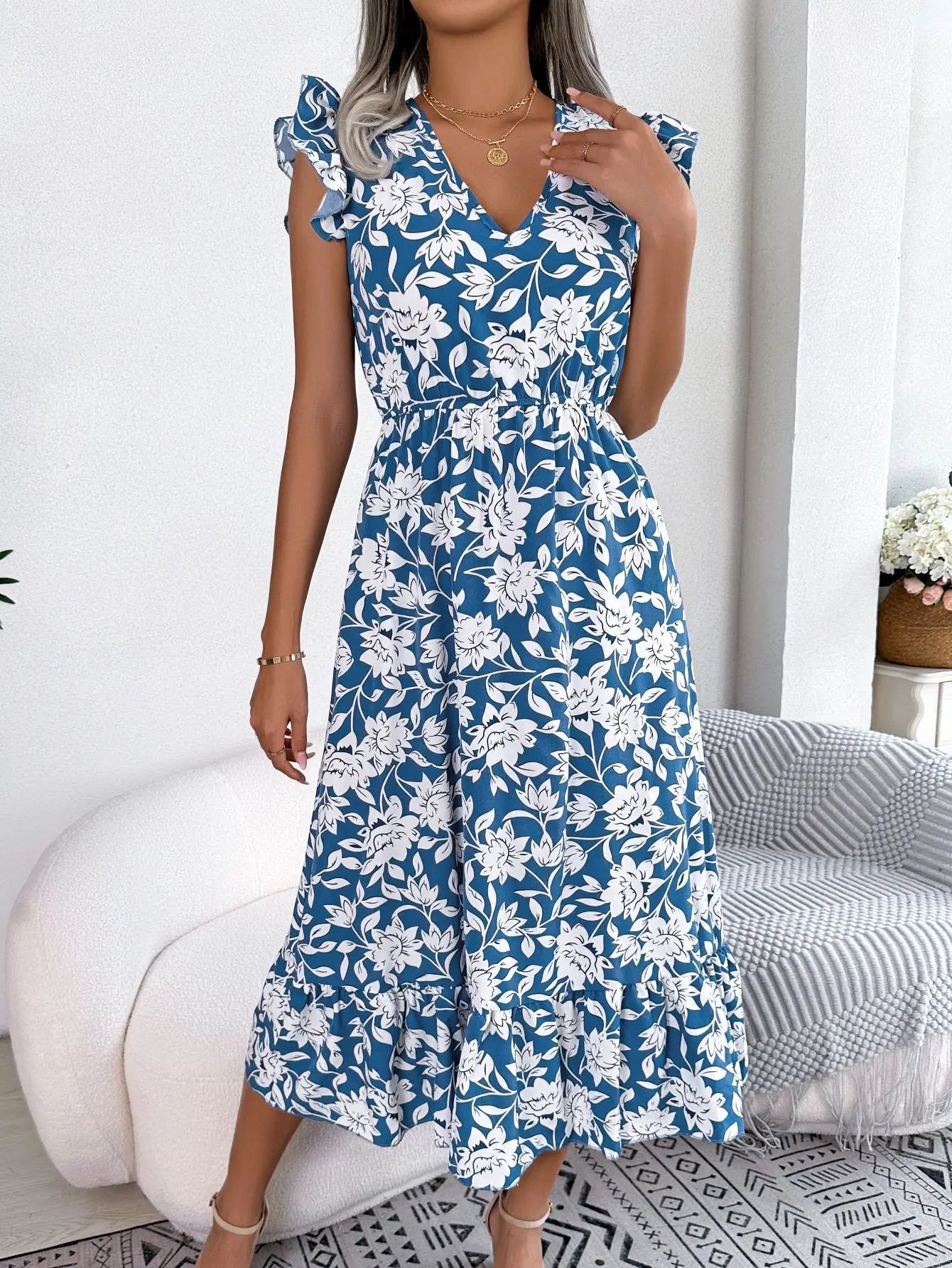 Women's Summer V - Neck Floral Print Wrap Waist Sleeveless Midi Beach Dress with Ruffles - PratSN