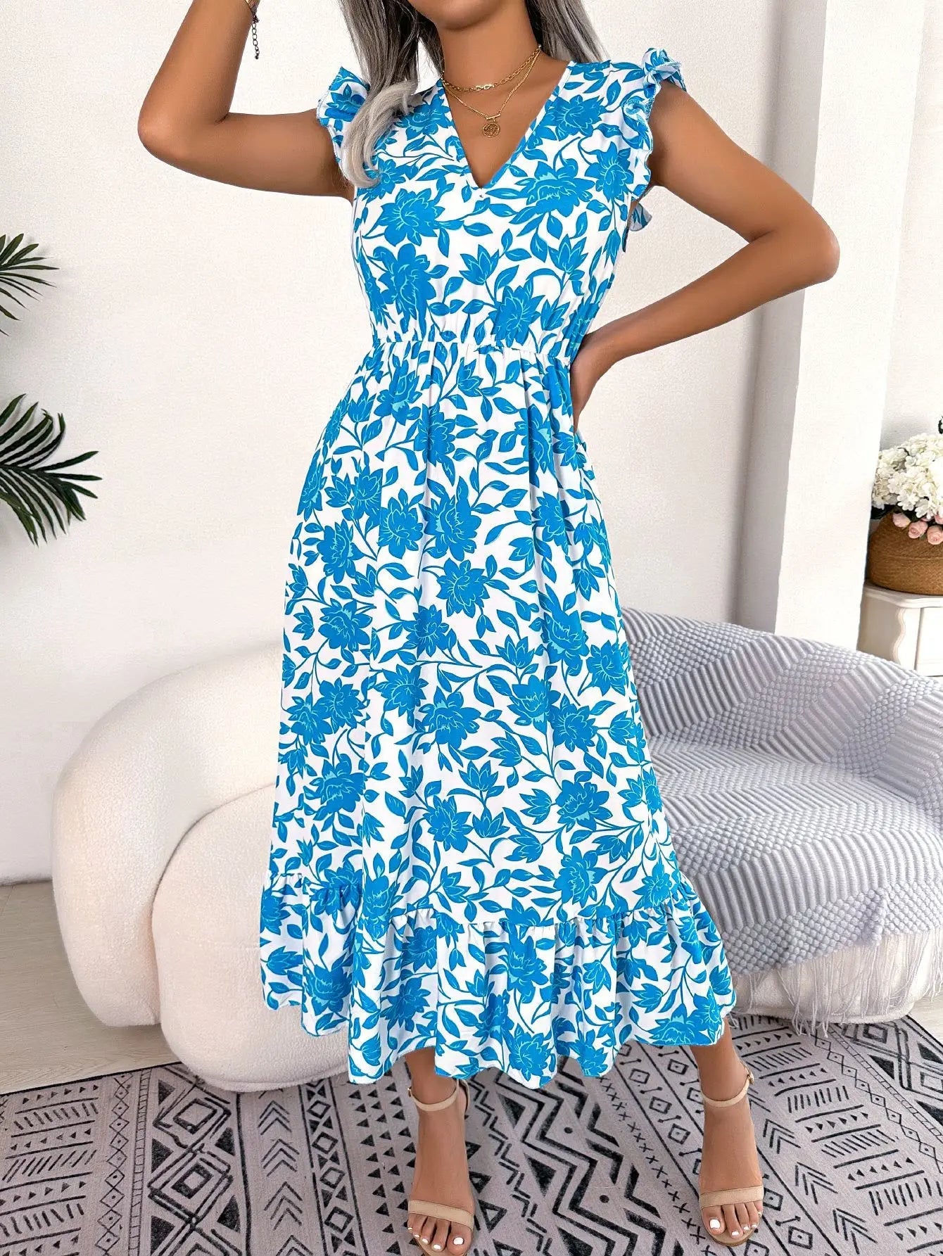 Women's Summer V - Neck Floral Print Wrap Waist Sleeveless Midi Beach Dress with Ruffles - PratSN