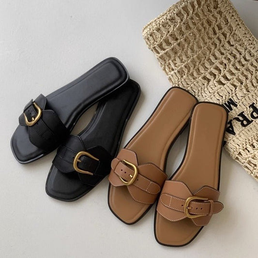Women's Summer Wear Retro Buckle Sandals Lazy Casual Vacation French Flat Slippers - PratSN