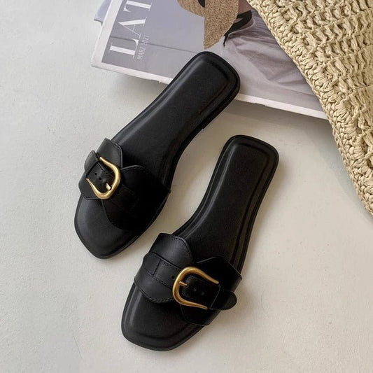 Women's Summer Wear Retro Buckle Sandals Lazy Casual Vacation French Flat Slippers - PratSN