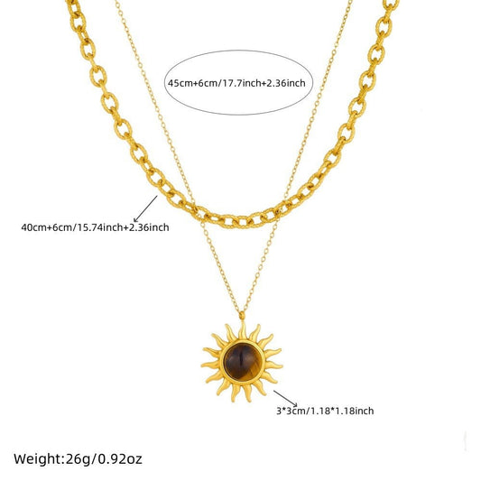 Women's Sun Pendant Double Layer Twin Stainless Steel Metal Necklace - PratSN