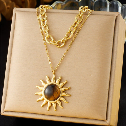 Women's Sun Pendant Double Layer Twin Stainless Steel Metal Necklace - PratSN