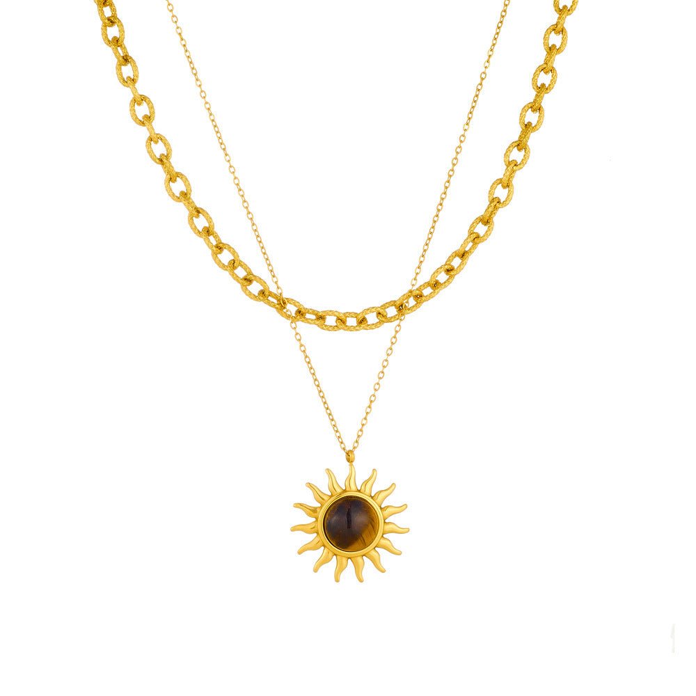 Women's Sun Pendant Double Layer Twin Stainless Steel Metal Necklace - PratSN