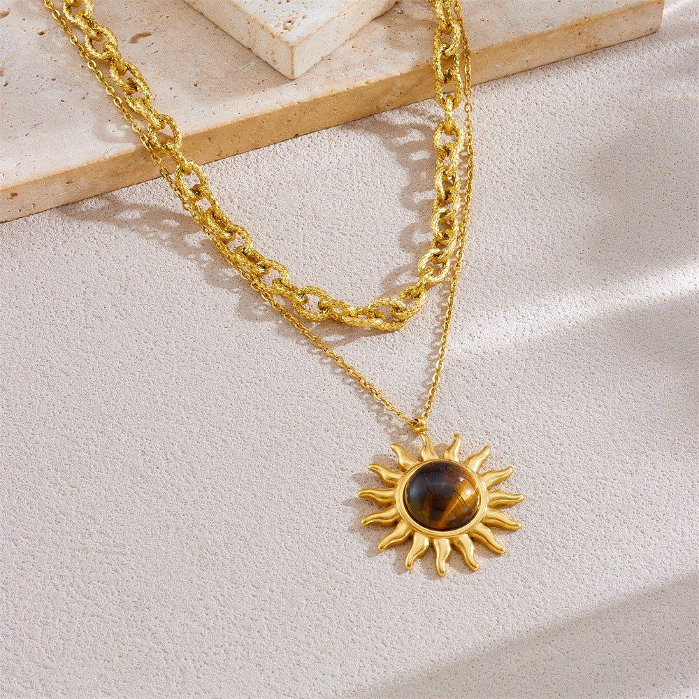 Women's Sun Pendant Double Layer Twin Stainless Steel Metal Necklace - PratSN