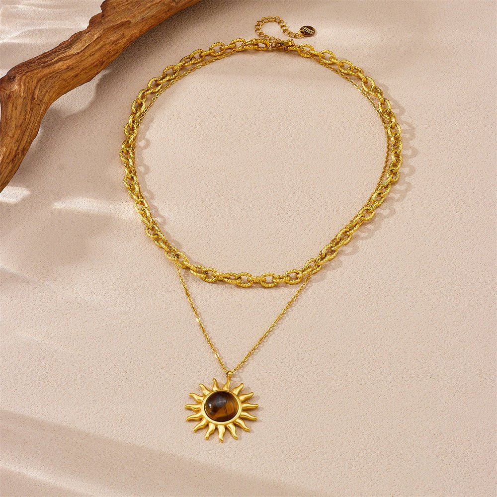 Women's Sun Pendant Double Layer Twin Stainless Steel Metal Necklace - PratSN