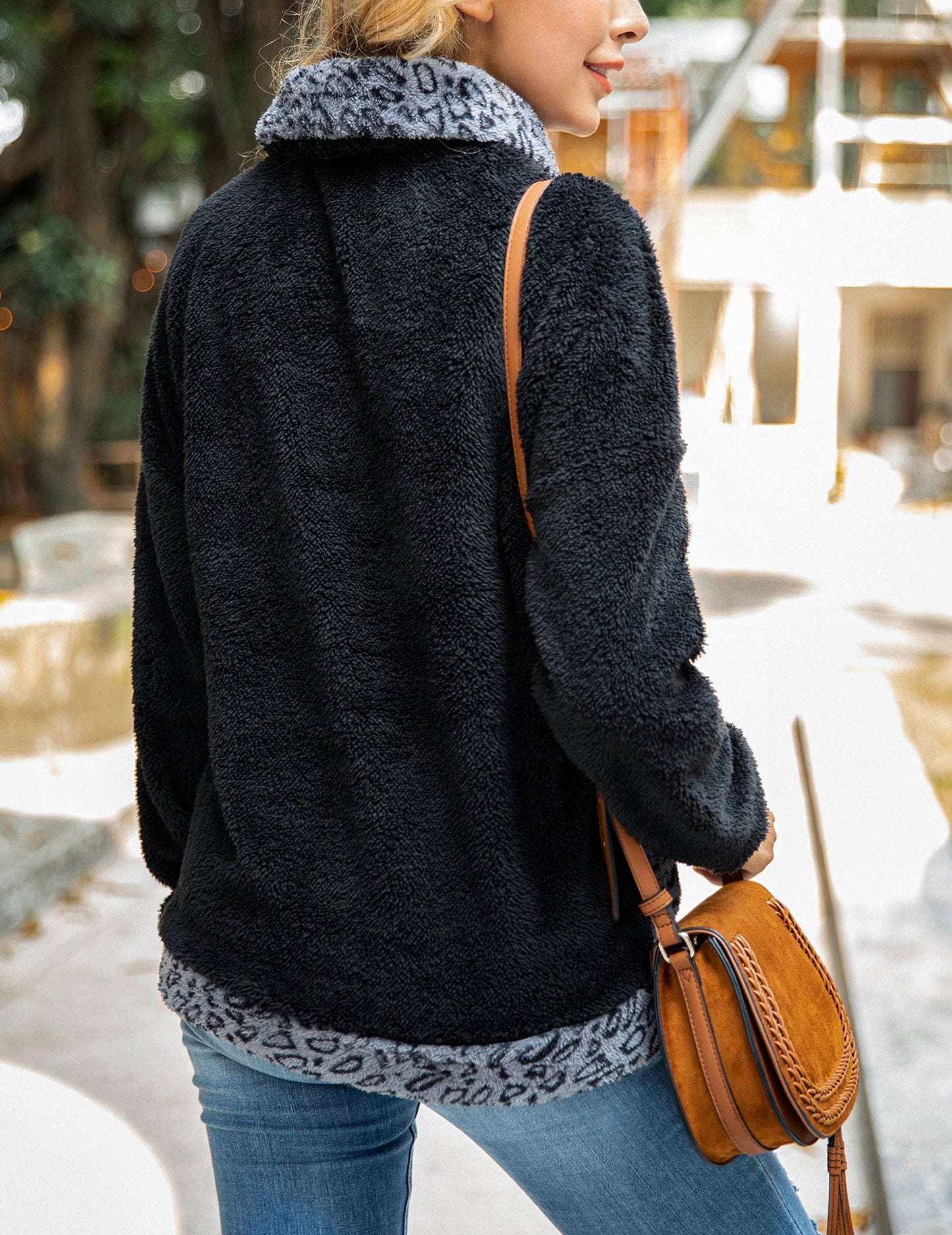 Women's sweater leopard print stitching pocket zipper - PratSN