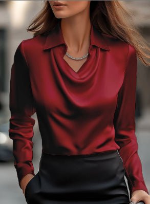 Women's Swing Collar Draped Shirts & Blouses Elegant Solid Satin Office Ladies Top Pullover Spring Long Sleeve Casual Tops - PratSN