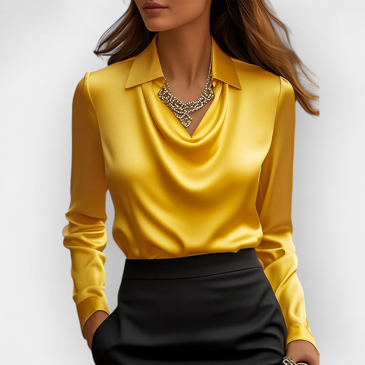 Women's Swing Collar Draped Shirts & Blouses Elegant Solid Satin Office Ladies Top Pullover Spring Long Sleeve Casual Tops - PratSN