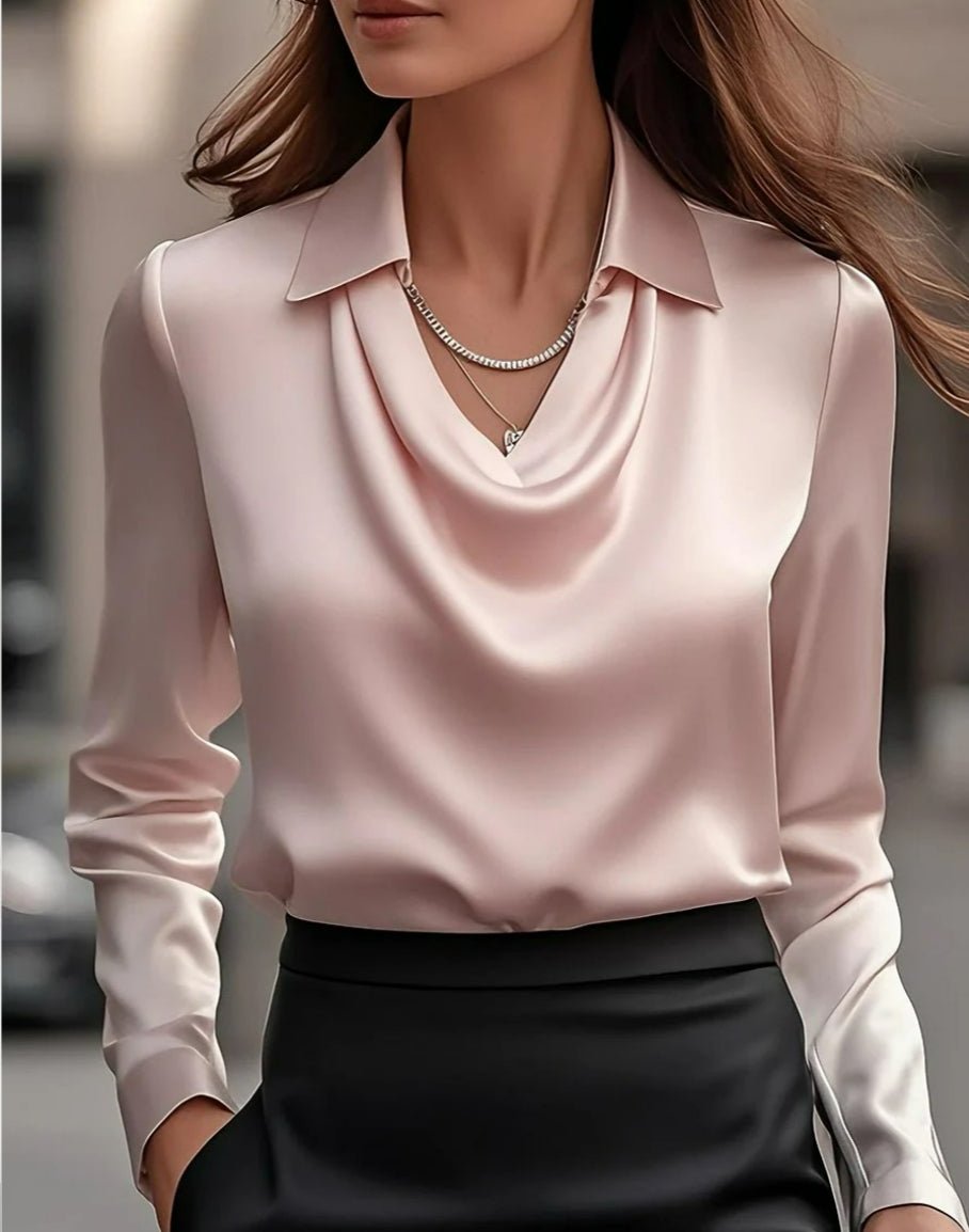 Women's Swing Collar Draped Shirts & Blouses Elegant Solid Satin Office Ladies Top Pullover Spring Long Sleeve Casual Tops - PratSN