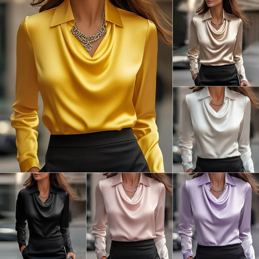 Women's Swing Collar Draped Shirts & Blouses Elegant Solid Satin Office Ladies Top Pullover Spring Long Sleeve Casual Tops - PratSN