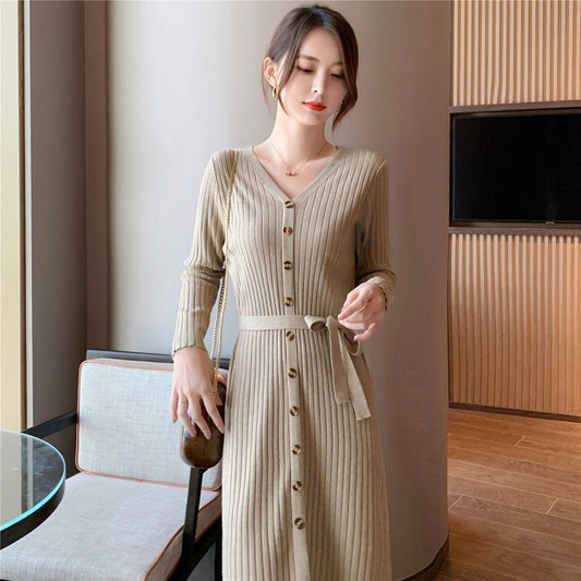 Women's Temperament V - neck Mid - length Solid Color Over - the - knee Knitted Dress - PratSN