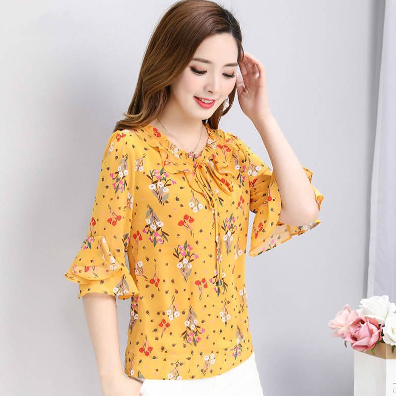 Women's Temperament Western Style Small Floral Chiffon Shirt Plus Size Shirt - PratSN