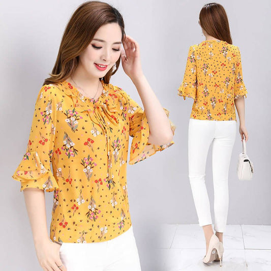 Women's Temperament Western Style Small Floral Chiffon Shirt Plus Size Shirt - PratSN