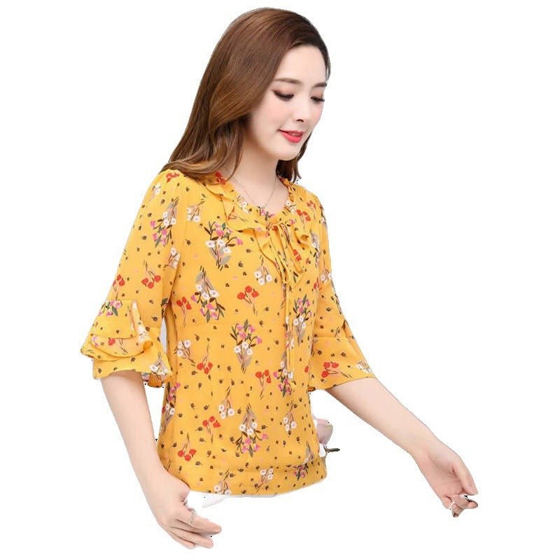Women's Temperament Western Style Small Floral Chiffon Shirt Plus Size Shirt - PratSN