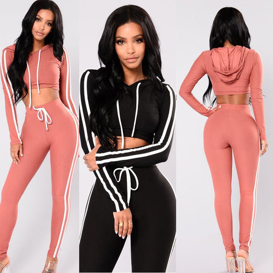 Women's Tracksuit Crop Top Hoodies Sweatshirt Pants Sets Slim Wear Casual Suit - PratSN
