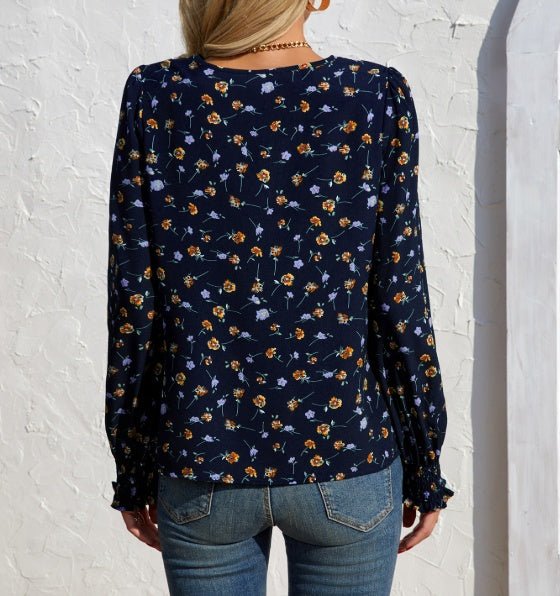 Women's V - neck Floral Long Sleeved Fashionable Shirt Top - PratSN